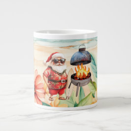 Kerst in juli met de kerstman op het strand grote koffiekop