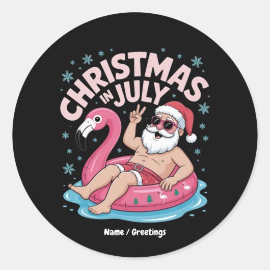 Kerst in juli Santa Flamingo Funny Summer Kerstmis Ronde Sticker (Voorkant)