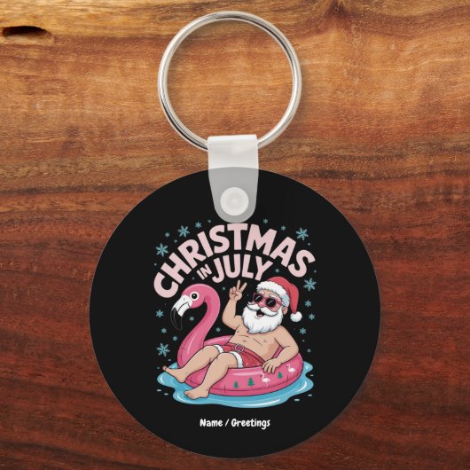 Kerst in juli Santa Flamingo Funny Summer Kerstmis Sleutelhanger (Voorkant)