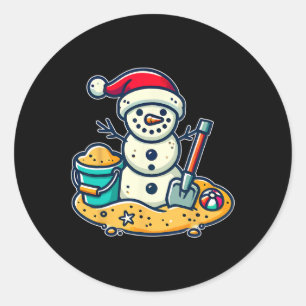 Kerst in juli Zandsneeuwman Santa Hat Shovel Xm Ronde Sticker
