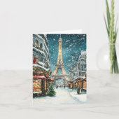 Kerst in Parijs: besneeuwde Eiffeltoren Feestdagen Kaart (Voorkant)