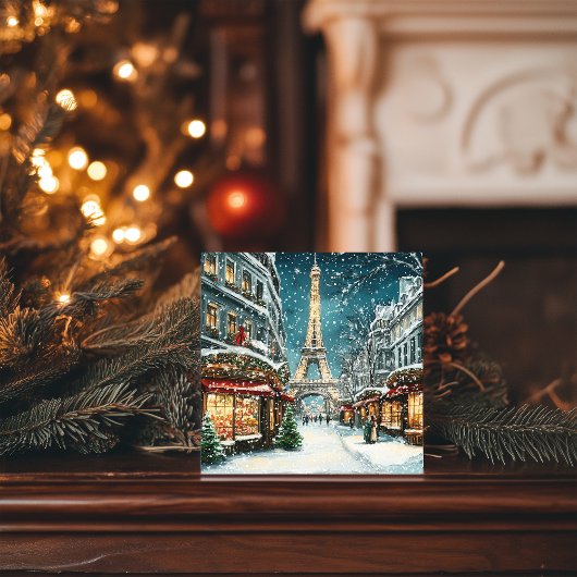 Kerst in Parijs: besneeuwde Eiffeltoren Feestdagenkaart