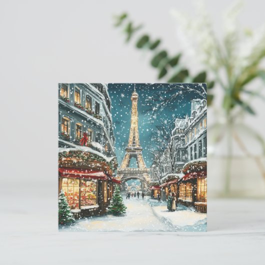 Kerst in Parijs: besneeuwde Eiffeltoren Feestdagenkaart (Staand voorkant)