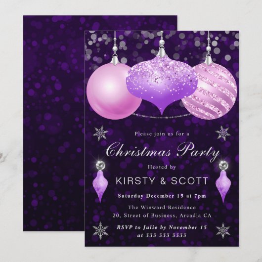 Kerst in roze en Paarse Baubles Kaart (Voorkant / Achterkant)