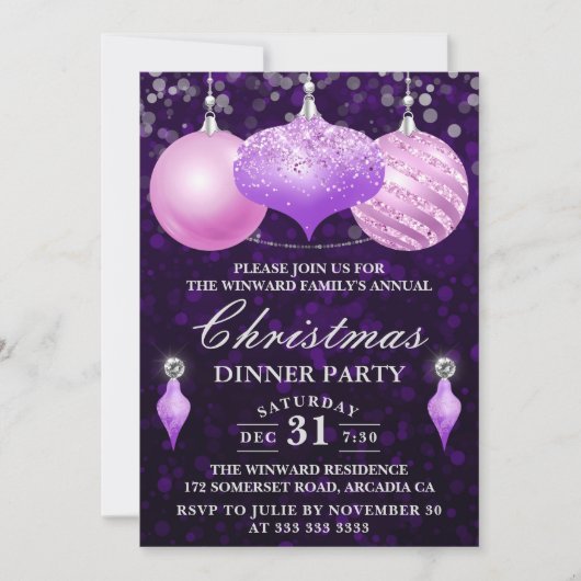 Kerst in roze en Paarse Baubles Kaart (Voorkant)