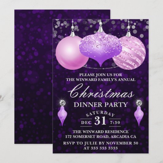 Kerst in roze en Paarse Baubles Kaart (Voorkant / Achterkant)