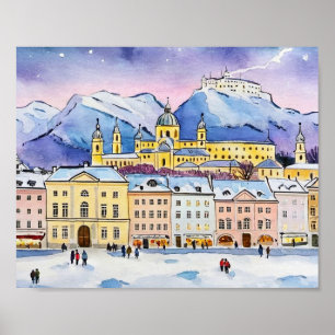 Kerst in Salzburg Oostenrijk Waterverf Poster