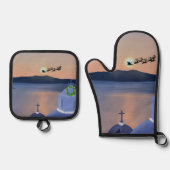 Kerst in Santorini, Griekenland met de Kerstman Ovenwant & Pannenlap Set (Voorkant)