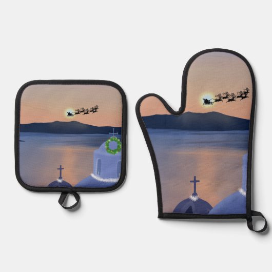 Kerst in Santorini, Griekenland met de Kerstman Ovenwant & Pannenlap Set (Voorkant)