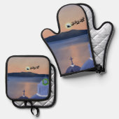 Kerst in Santorini, Griekenland met de Kerstman Ovenwant & Pannenlap Set (Voorkant / Achterkant)