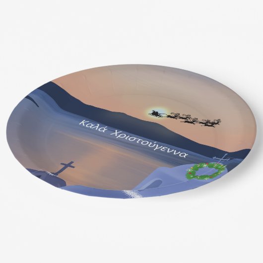 Kerst in Santorini, Griekenland met de Kerstman Papieren Bordje (Gekanteld)