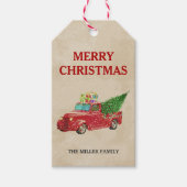 Kerst in vintage rode pick-uptruck cadeaulabel (Voorkant)