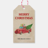 Kerst in vintage rode pick-uptruck cadeaulabel (Achterkant)