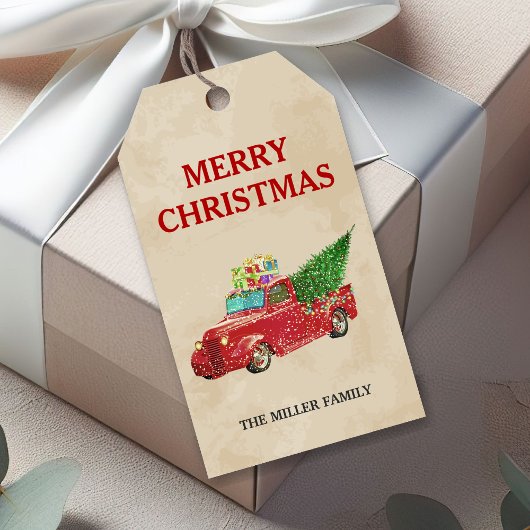 Kerst in vintage rode pick-uptruck cadeaulabel