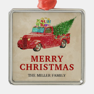 Kerst in vintage rode pick-uptruck metalen ornament