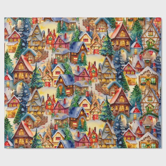 Kerst in Whimsical Village Waterverf Pattern Cadeaupapier (Vlak)