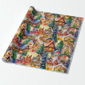 Kerst in Whimsical Village Waterverf Pattern Cadeaupapier (Uitgerold)