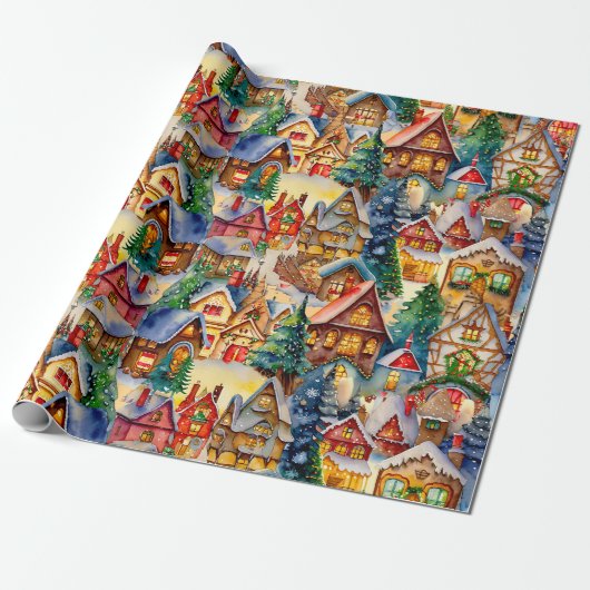 Kerst in Whimsical Village Waterverf Pattern Cadeaupapier (Uitgerold)
