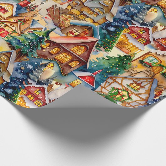 Kerst in Whimsical Village Waterverf Pattern Cadeaupapier (Hoek)