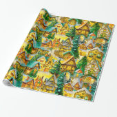 Kerst in Whimsical Village Waterverf Pattern Cadeaupapier (Uitgerold)