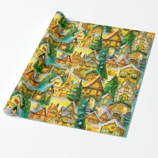 Kerst in Whimsical Village Waterverf Pattern Cadeaupapier (Uitgerold)