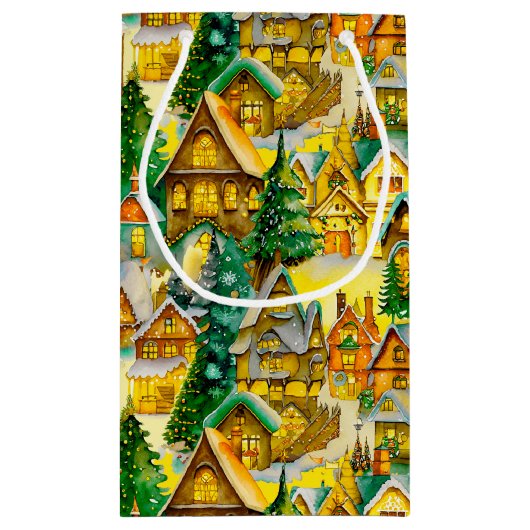 Kerst in Whimsical Village Waterverf Pattern Klein Cadeauzakje (Achterkant)