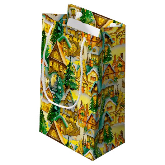 Kerst in Whimsical Village Waterverf Pattern Klein Cadeauzakje (Achterkant Gekanteld)
