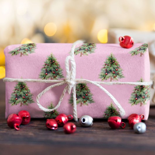 Kerst inpakpapier, dennenboom roze kerst cadeaupapier