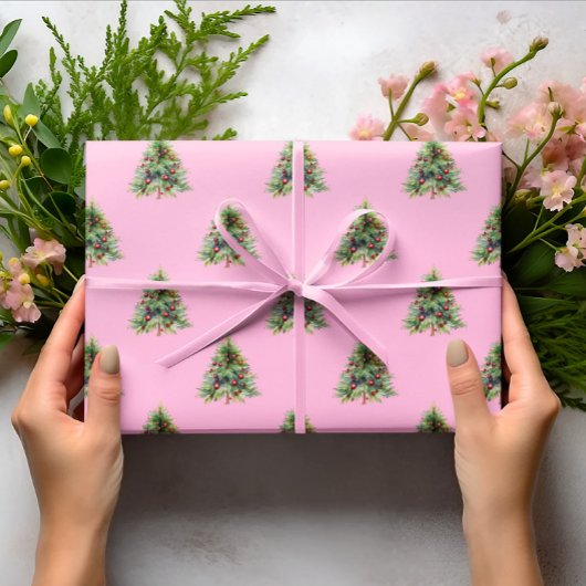 Kerst inpakpapier, dennenboom roze kerst cadeaupapier