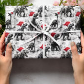 Kerst inpakpapier Dinosaur Santa Red White