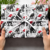 Kerst inpakpapier Dinosaur Santa Red White