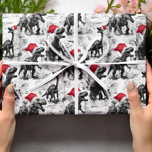 Kerst inpakpapier Dinosaur Santa Red White