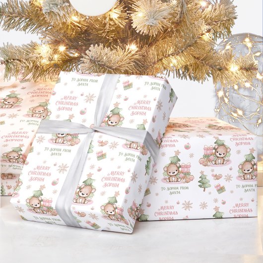 Kerst inpakpapier Meisje Naam Roze Beer