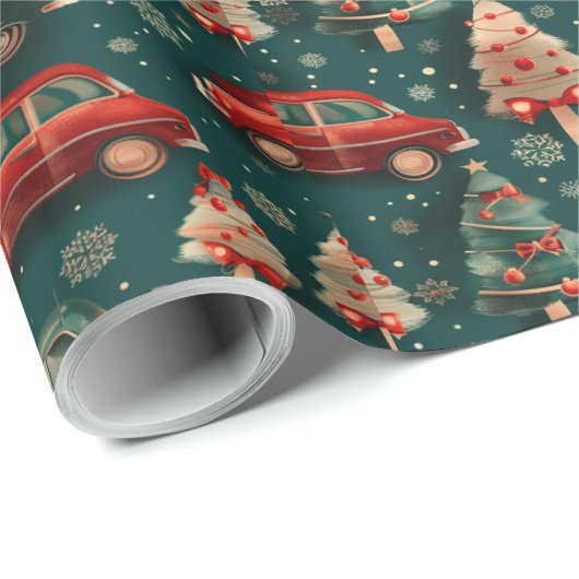Kerst inpakpapier met bomen en auto's (Rol Hoek)