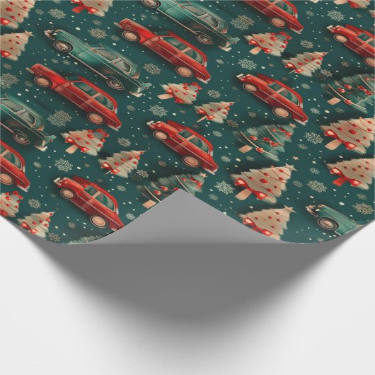 Kerst inpakpapier met bomen en auto's (Hoek)