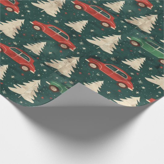 Kerst inpakpapier met bomen en auto's (Hoek)