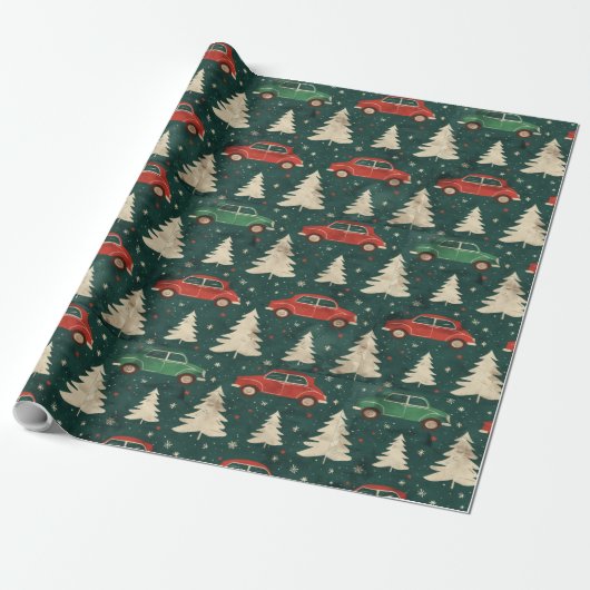 Kerst inpakpapier met bomen en auto's (Uitgerold)
