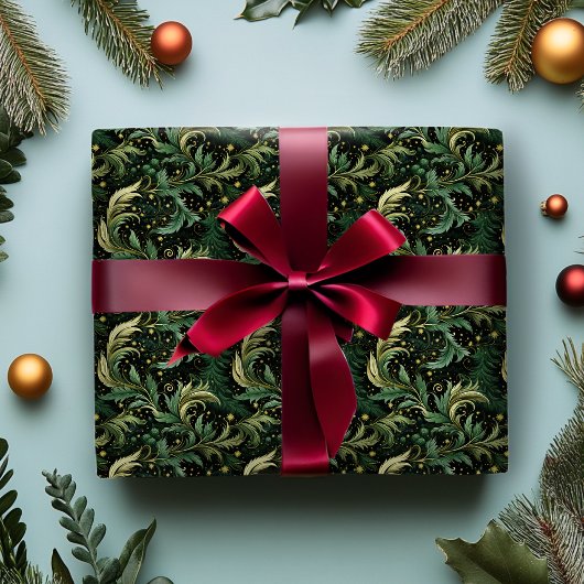 Kerst inpakpapier met donkergroene wervelingen