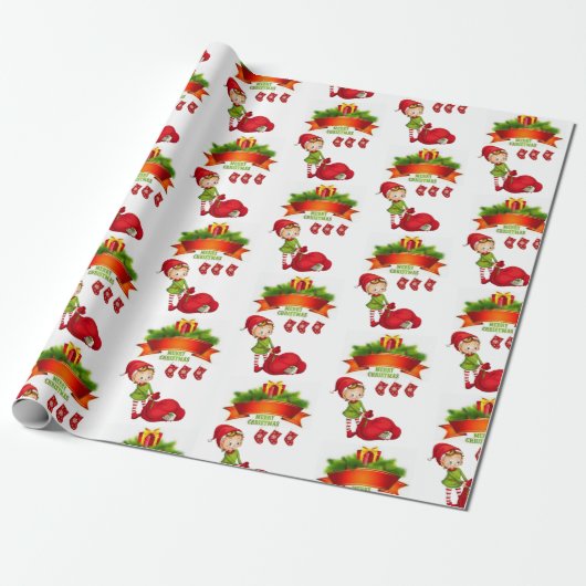 Kerst Inpakpapier Prettig Kerstfeest Elf (Uitgerold)