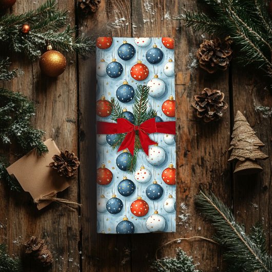 Kerst inpakpapier Rood Wit & Blauw Ornament