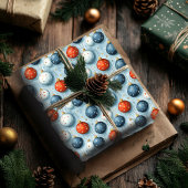Kerst inpakpapier Rood Wit & Blauw Ornament