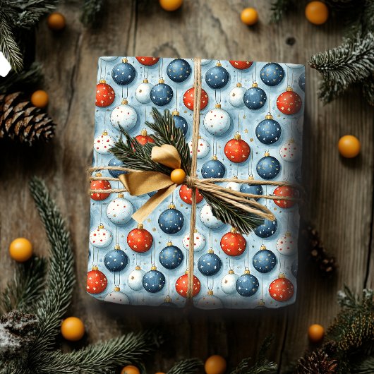 Kerst inpakpapier Rood Wit & Blauw Ornament