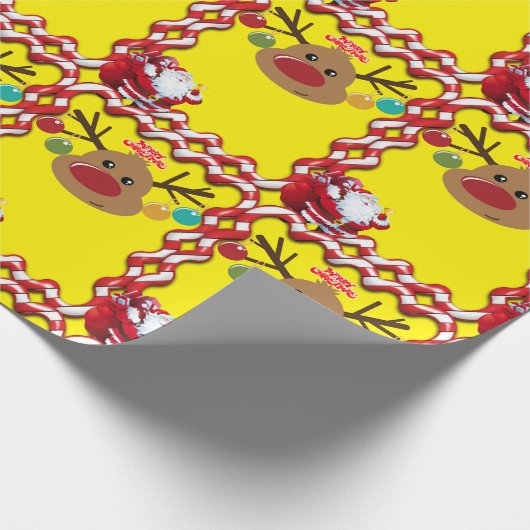 Kerst inpakpapier Santa rendier geel (Hoek)