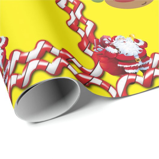 Kerst inpakpapier Santa rendier geel (Rol Hoek)
