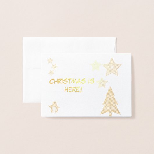 Kerst is hier, pinguïn, boom en sterren schattig folie kaarten (Voorkant met envelop)