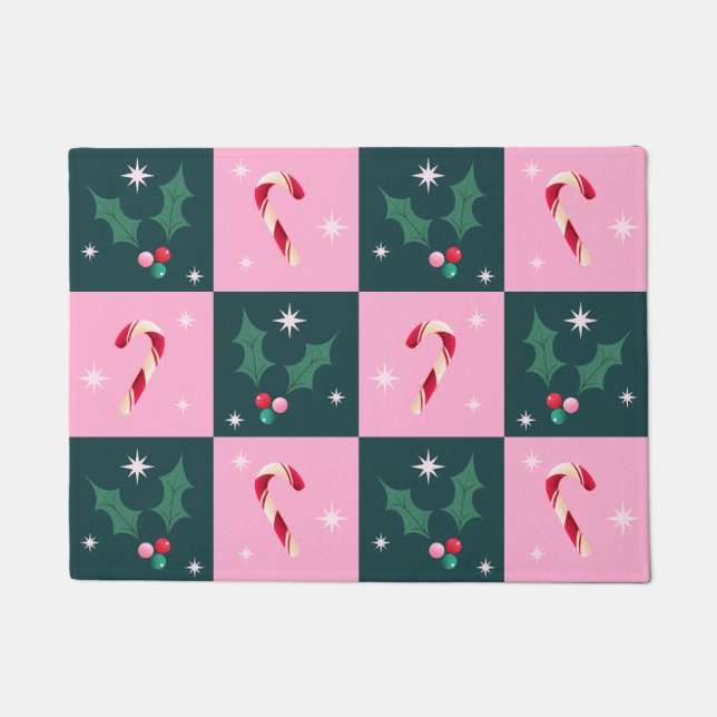 Kerst Ivy, snoepriet met sterren Checkerboard Deurmat (Voorkant)
