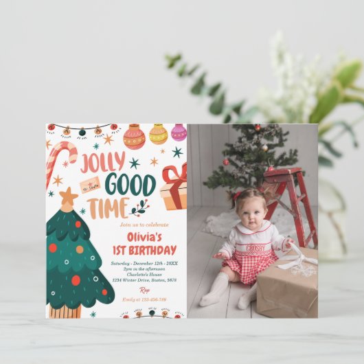 Kerst Jolly Goede Tijd 1e Verjaardag Foto Kaart (Staand voorkant)