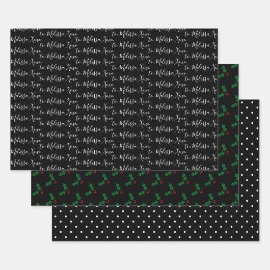 Kerst Jouw naam, Holly, Zwarte & Witte Stippen Inpakpapier Vel (Set)