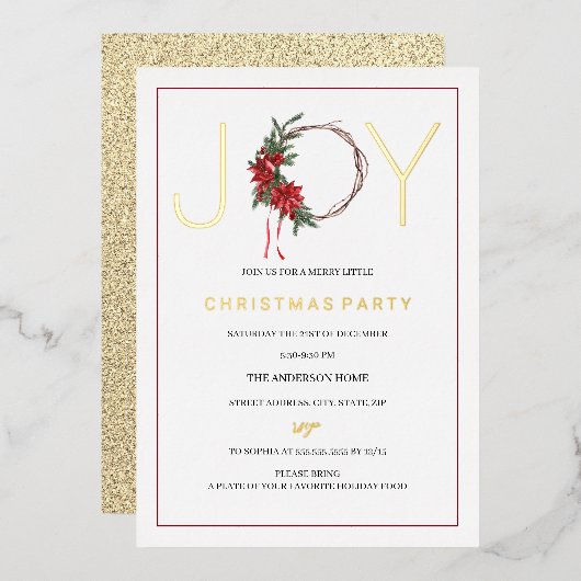 Kerst Joy Red Foliage Wreate Folie Uitnodiging (Voorkant / Achterkant)