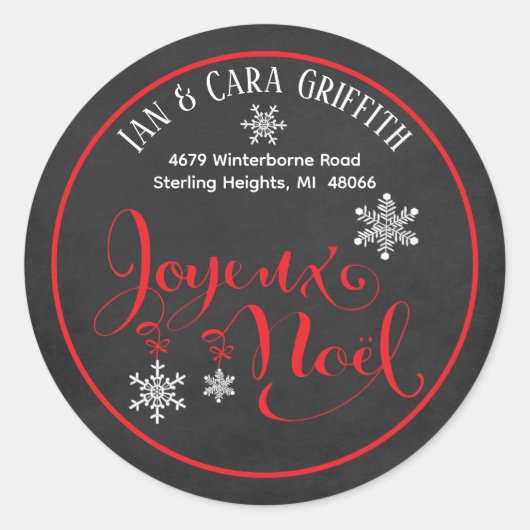 Kerst Joyeux Noel Snowflake Rood Retouradres Ronde Sticker (Voorkant)